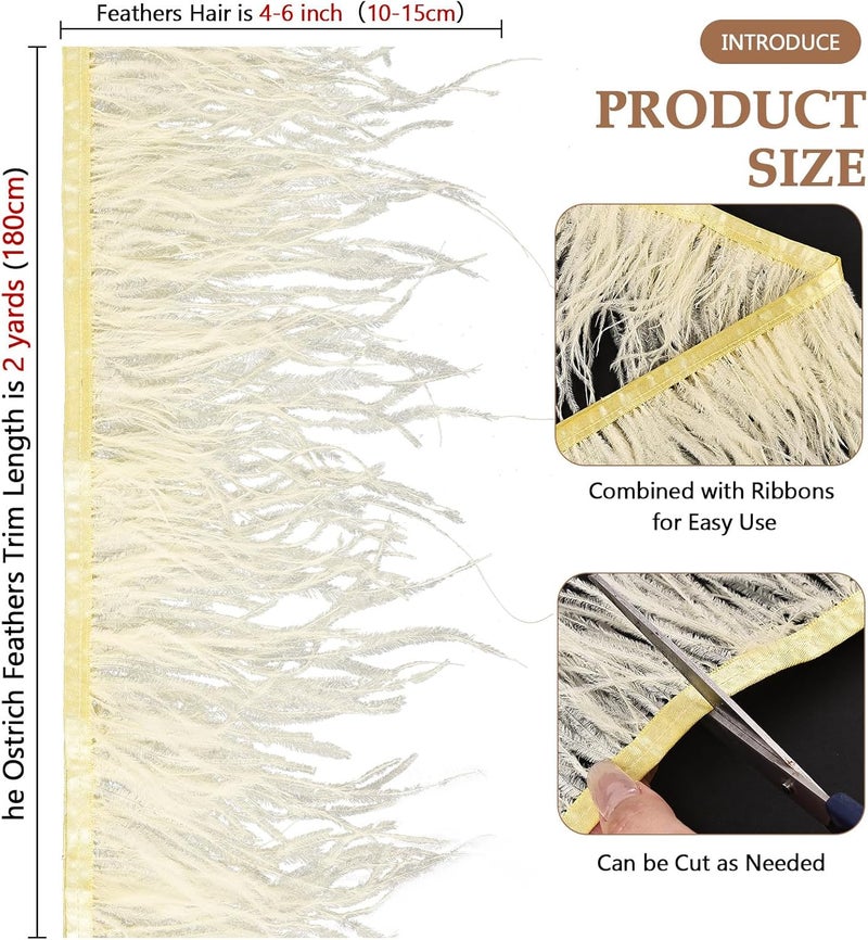 whitefeather 2 Yards 4-6inch Dyed Ostrich Feathers Trim Fringe for DIY Dress Sewing Crafts Ostrich Feathers Costumes Decoration (Light Yellow) - Image 2